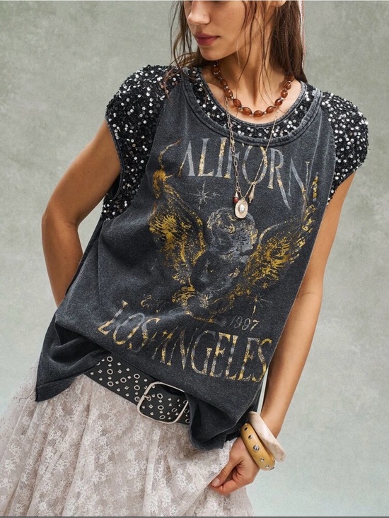 BOUTIQUE HIPPEE HARVEST Tops - BOUTIQUE HIPPEE HARVEST SEQUIN TRIM BOHO CALIFORNIA TOP